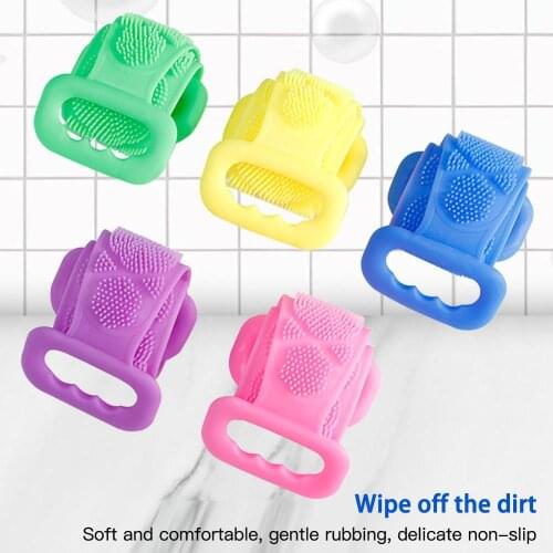 Bath Shower Silicone Body Brush Bath Belt Exfoliating Back Brush Belt Clean 28'' Blue Pink Green Purple Yellow Bath Scrub Towels