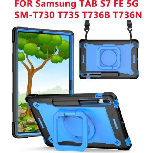 PC Silicone 3 IN 1 Shockproof Kids Tablet Cover For Samsung Tab S7 FE 5G Case For S7fe SM-T735 T730 T736B Stand Case Funda+Strap