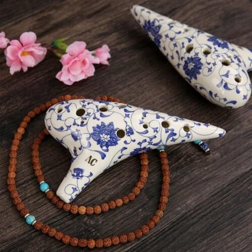 Blue and White Porcelain Ocarina 12 Holes 18*8CM Vintage Chinese Style Colored Glaze Handmade C Key Orff Musical Instrument 2021