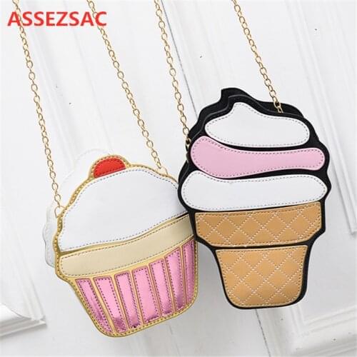 ASSEZSAC Cute Ice Cream Cupcake Women Bag PU Leather Small Chain Bag Girl Shoulder Crossbody Bags Shoulder Bag Purse Handbag