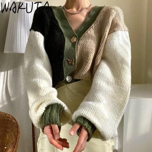 WAKUTA Autumn Winter Vintage Lantern Sleeve Sweater Coat Women V Neck Oversized Colorblocked Ins 2021 Knitting Cardigans Casual