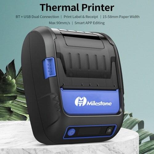 BT + USB Thermal Printer Support Printing Label & Receipt Smart APP Editing Max 90mm/s 15-58mm Paper Width 203dpi EU/US Plug
