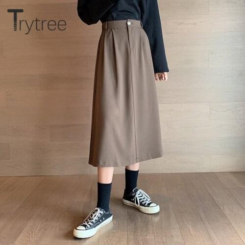 Trytree 2020 Spring Autumn Woman Casual Woman Skirt Elastic Waist Button Fly A-line Elegant Office Lady Mid-Calf Solid Skirt