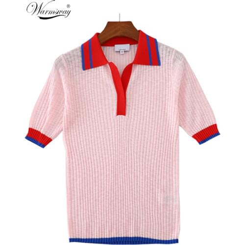 High Quality Womens Tops 2021 New Summer T-Shirt Slim Button V-Neck Knitted Thin Short Sleeve Knitwear B-115