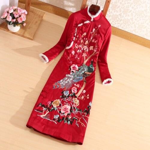 High Quality Women Qipao Dress Autumn And Winter Royal Embroidery Phoenix Vingtage Elegant Lady Warm Cheongsam Dress S -XXL