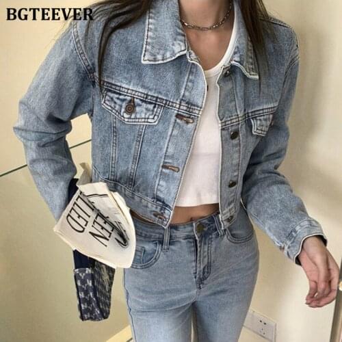 BGTEEVER Vintage Lapel Long Sleeve Single-breasted Women Denim Jacket 2021 New Autumn Fashion Loose Female Short Coats Outwear