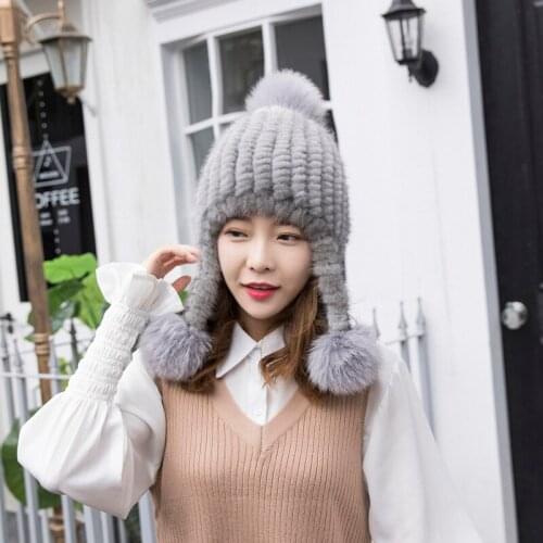 Womens Natural Mink Winter Hats for Women Large Fox Fur Pompom Streetwear Hat with Ears Thick Caps Czapka Zimowa MY821