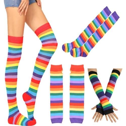 Women Socks Thigh High Striped Slim Hiking Leg Stockings Rainbow Arm Hand Mitten Gloves Rainbow Arm Warmers