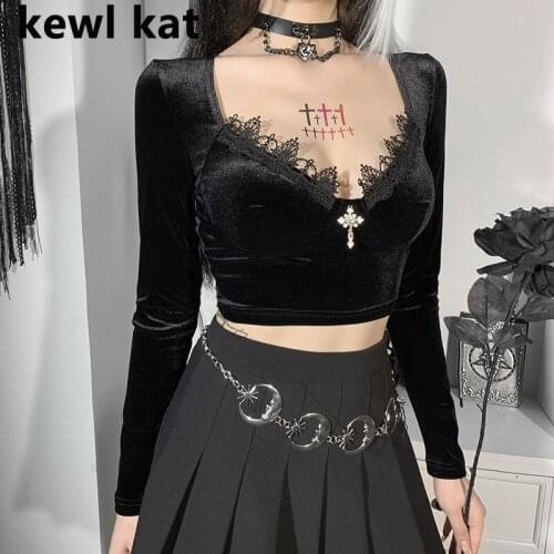 Goth Sexy V Neck Cross Decoration Black Crop Tops Y2K Vintage Velvet T-shirt Women Autumn Long Sleeve Tops Harajuku Streetwear