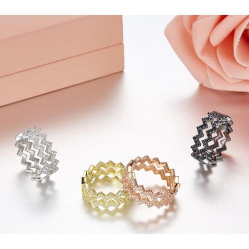 SLJELY S925 Sterling Silver Micro Pave 3A Cubic Zirconia Stones Geometric Double Line Wave Zigzag Ring for Women Luxury Jewelry