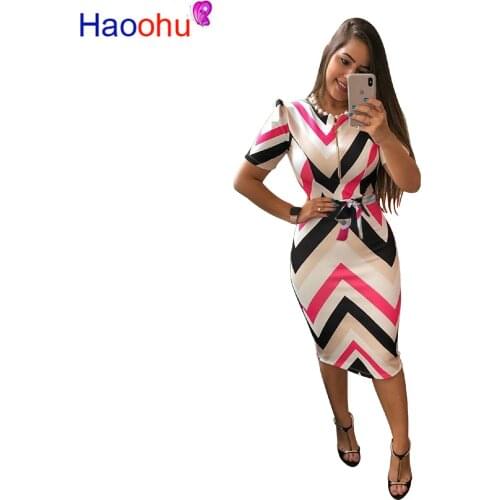Professional Women Elegant Casual Work Business Office Classic O neck Neck belt Printing Patchwork Bodycon Pencil Dress