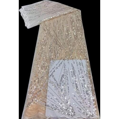 5yards/pc) High quality cream African tulle lace bling bling tube beads and sequins embroidered French net lace for FZZ124
