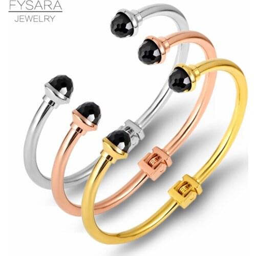 FYSARA Round Black Stone Ball Arrow Open Bangles Vintage Jewelry Stainless Steel Gold Color Cuff Bracelets & Bangles For Women