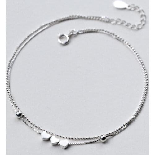 100% 925 Sterling Silver Anklets Jewelry Barefoot Sandals Double Layer Hearts Beads Ankle Bracelets for Women Foot Jewelry