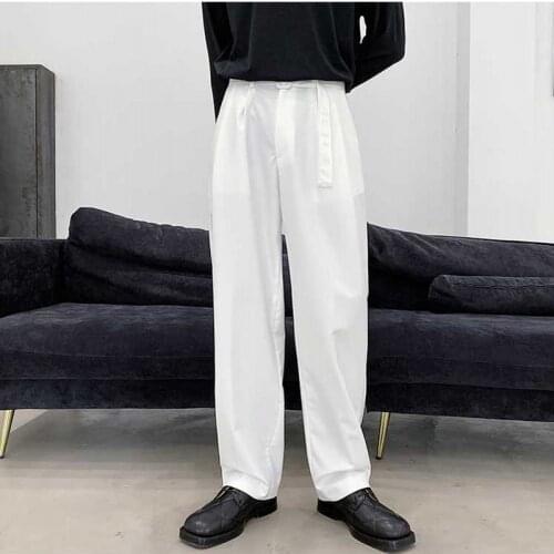 Fashion Mens Wide Leg Pants High Waist Sashes Solid Baggy Trousers Non-iron Fabric Loose Casual Bottoms Black White