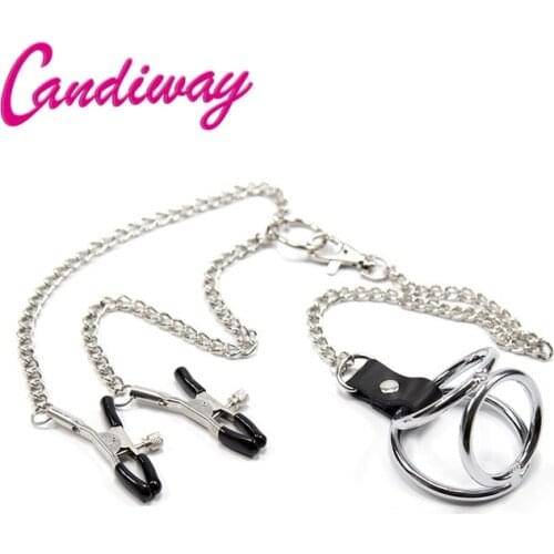 Candiway Stainless Steel Metal Chain Nipple Clamps With Penis Ring Adult SM Game Restraints Exotic Accessories Sex Toys For Men
