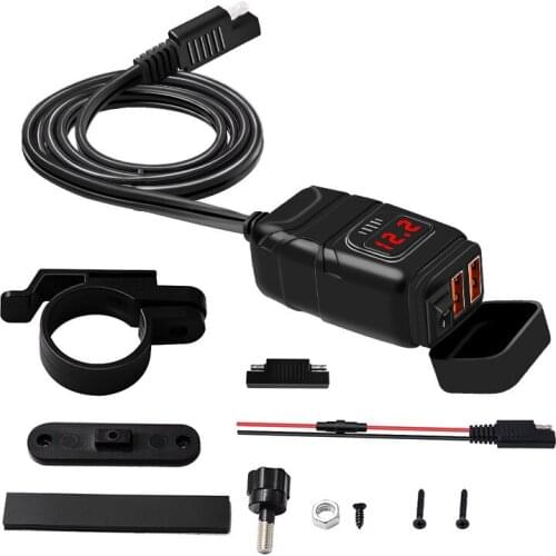 Motorcycle Double USB On-Board Phone Charger Waterproof Qc3.0 Mobile Phone Charger with Switch Measured Voltmeter