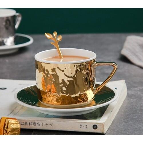 European luxury gold and silver embossed ceramic coffee cup and saucer office household milk scented tea