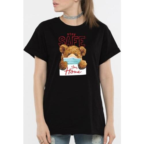 BLINGPAW Teddy Bear Stay Safe Stay Home Letter Print T-shirt White Black Cotton Unisex Top&Tees Summer Custom Tee Shirts