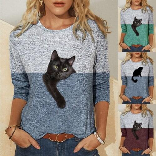 Hit Color Funny Cute 3D Cat Printing T Shirts Womens Clothes Casual Harajuku Cartoon Tops Long Sleeve Pullover Tee Shirt Femme