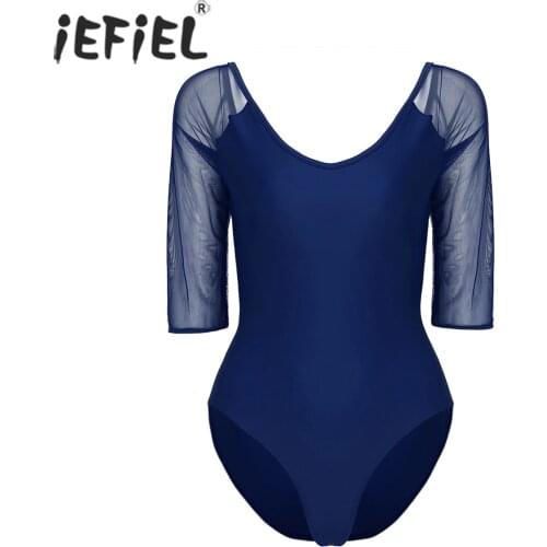IEFiEL Women Adult Soft Sheer Mesh 3/4 Sleeve Built In Shelf Bra Stretch Camisole Gymnastics Ballet Dance Leotard Bodysuit