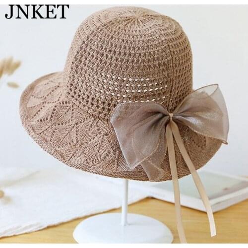 JNKET Bowknot Knitted Hat Womens Bucket Hats Sunbonnet Breathable Sunhat Outdoor Beach Cap Foldable Hats Casual Cotton Caps