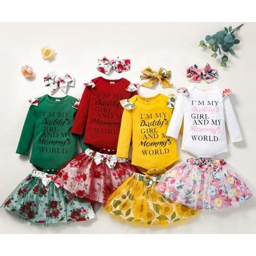 2021 Baby Girls Three-piece Clothes Set, Long Sleeve Collar, Yarn Skirt and Bow Knot Headdress, Yellow/ Green/ Red/ White