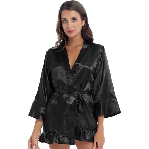 Women Pajamas Sets Ruffle Robe Set Sleepwear Suit Home Wear Nightwear Sexy Silk Satin Robe Bath Gown Nightdress with Belt Thong