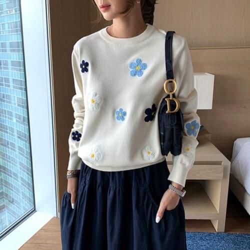 Korean Floral Emobroidery Pullover Sweater High Quality Women Elegant O Neck Knitted Tops 2021 Dropshipping