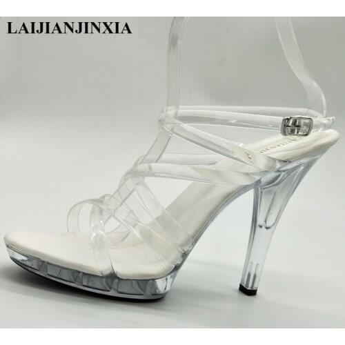 LAIJIANJINXIA Women Sandals Thin High Heels 13 CM Gladiator Ankle Straps Fashion Summer black Transparent Party Female Shoes