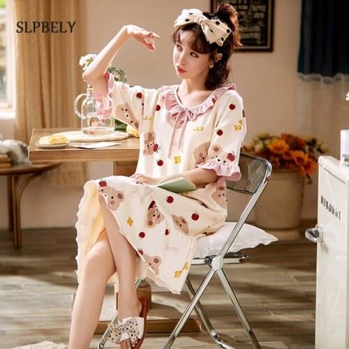 SLPBELY Summer Cotton Women Nightdress Nightgown Lovely Cartoon Sweet Doll Collar Sleepwear Homewear Nightwear Nightskirt Pijama
