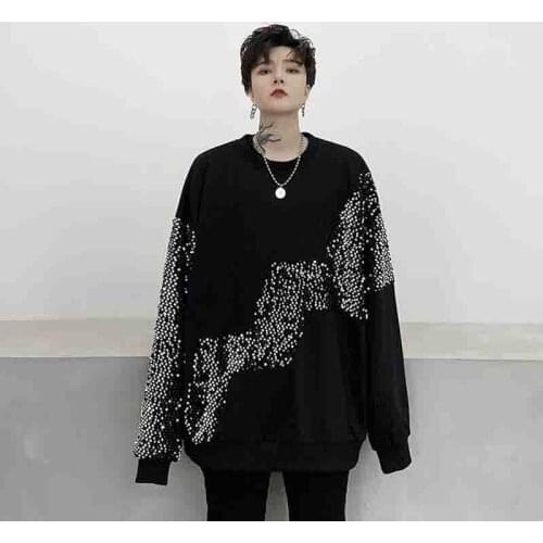 Mens patchwork hip hop ins performance clothes, sweater, lazy personality coat, autumn dress, dark and sequins loose