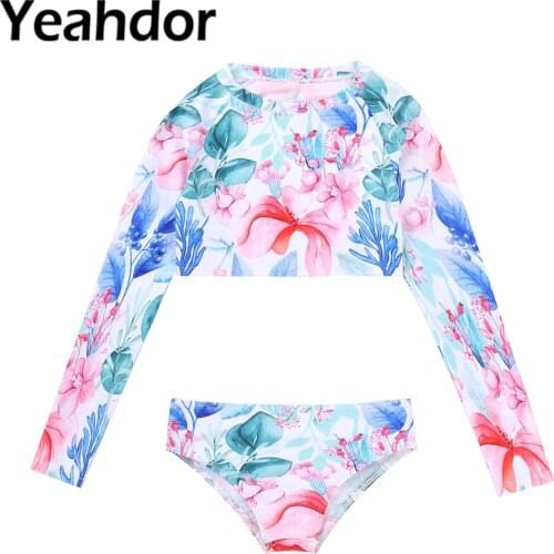 New Kids Girls Floral Print Swimwear Round Neck Long Sleeves Cropped Tops and Briefs Beachwear Swimsuits Swimming Bathing Suit