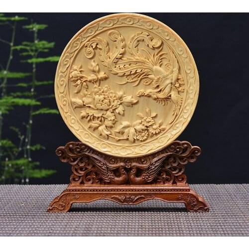 Wood carving phoenix peony, wood crafts gift Home desktop decoration office ornaments (A1028)