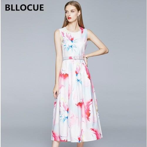 BLLOCUE Runway Elegant Tank Dress Womens O-Neck Sleeveless Colorful printing Vintage dresses Female Long Vestidos With Belt