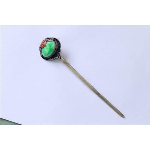 6.1" Exquisite Chinese antique copper inlay jade Handmade Cloisonne Hairpin
