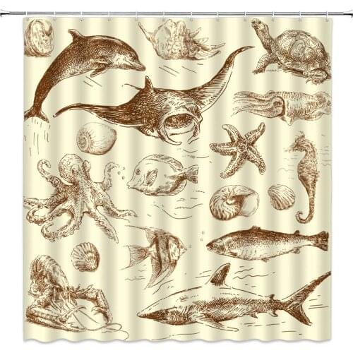 Sea Animal Shower Curtain Decor Sketch Dolphin Octopus Fish Starfish Shell Seahorse Shrimp Vintage Hand Drawn Fabric Bath Decor