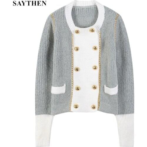SAYTHEN 2021 Fall Winter New Patchwork Chains Decoration Long Sleeve Loose Sweater Women Knitted Pullover Tops