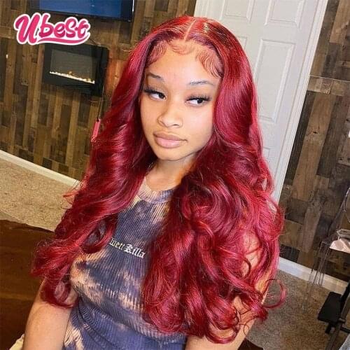 Ubest Cherry Red Lace Front Wig Body Wave Mayaisan Human Hair Colored Wigs for Women Pre Plucked Transparent Lace Frontal Wig