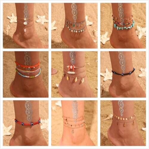 Bohemian retro wax rope braided handmade string mixed color rice beads multilayer anklet for ladies jewelry accessories