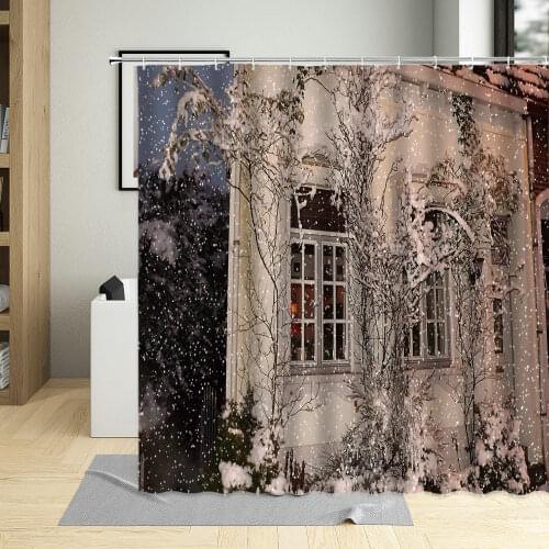 Blue Sky Landscape Shower Curtains Winter Snowflake Houses Tree Snow Scene Bathroom Decor Waterproof Cloth Curtain Set With Hook