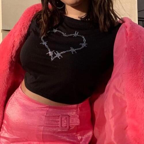 2021 Summer Heart-shaped Rhinestone Bling Shiny Drill Y2k Women Tshirt Crop Top Tees Female Punk Hip Hop Slim T-shirt Streetwear