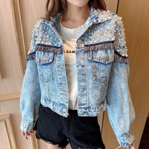 Women Autumn Fashion Denim Jacket Women Pearls Jeans Coats and Jackets Streetwear tassel Jackets Short Denim Top Y604