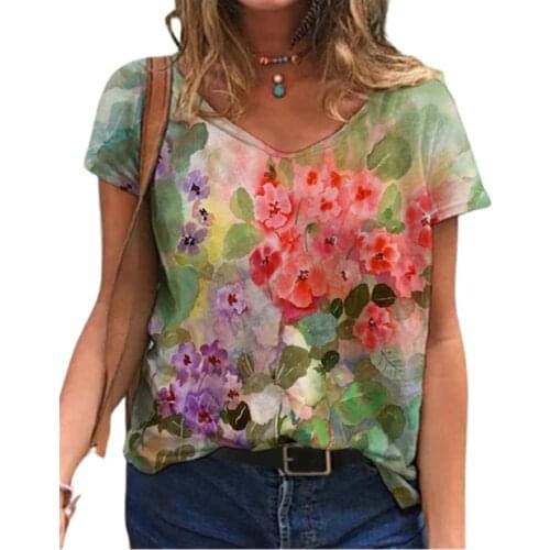 Tie Dye 3D Floral Print Women T Shirts Casual Short Sleeve Loose Plus Size Tops Fashion Street Ladies V-Neck Summer Tee