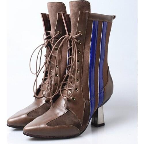 Brand Fashion Runway Winter Boots Women Genuine Leather High Heel Sock Boot Patchwork Pointed Toe Lace Up Lady Shoes Botas Mujer