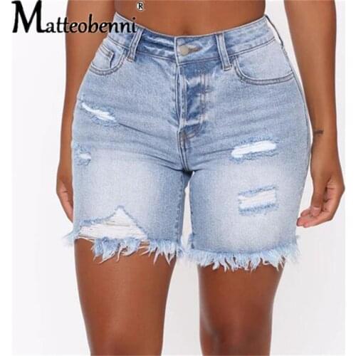 2021 Summer Fashion Holes Tassel High Elastic Denim Shorts Women Sexy Skinny High Waist Washed Casual Ripped Street Jeans Shorts