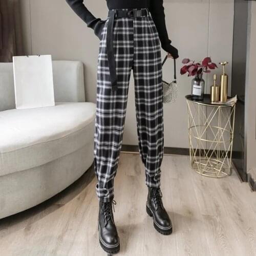 2021 Women Autumn Winter Harajuku Plaid Vintage Pants High Waist Harem Trousers Korean Fashion Casual Streetwear Pantalon Femme