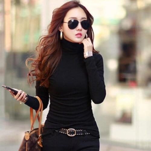 High Neck Long Sleeve Women Tops Tee Solid Slim Fit T Shirt 2021 Basic Bottoming Shirt Cotton Autumn Winter Women Top Clothing