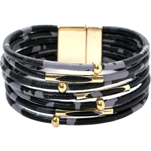 Leopard Women Metal Pipe Charm Multi-layer Faux Leather Magnetic Bracelet