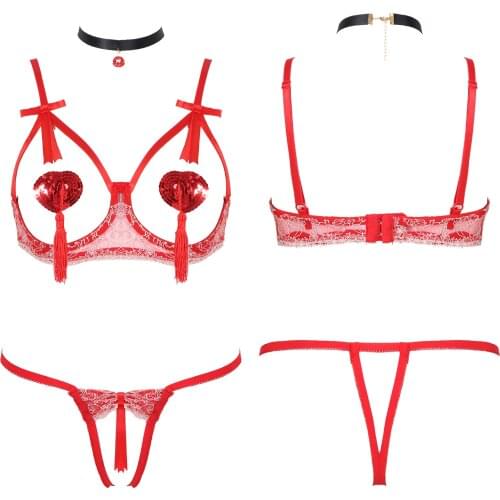 Womens Hollow Out Lace Trim Lingerie Set Underwire Brassiere with Crothless T-back Sequin Tassel Nipple Sticker And Neck Ring